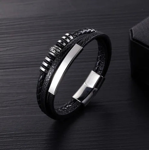 Trendy Men’s Leather Bracelet – Multilayer Braided Rope with Stainless Steel