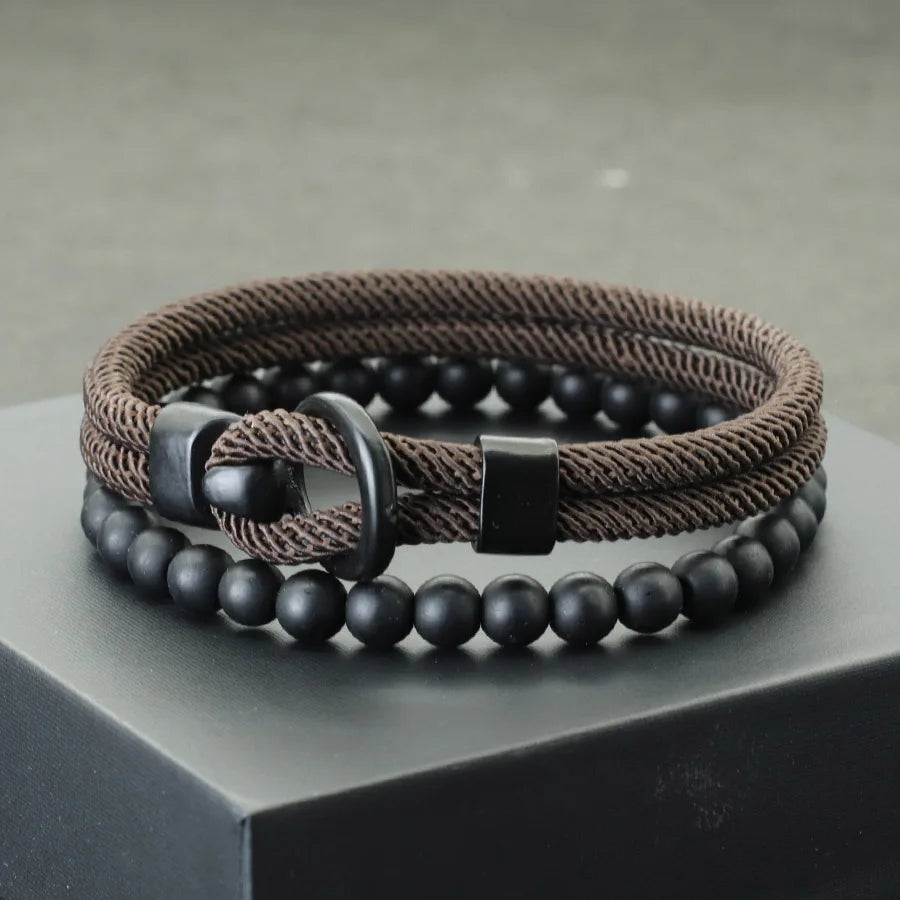 Noter 2Pcs Men’s Bracelet Set – Double Layer Rope & 6mm Black Onyx Bead Bracelet