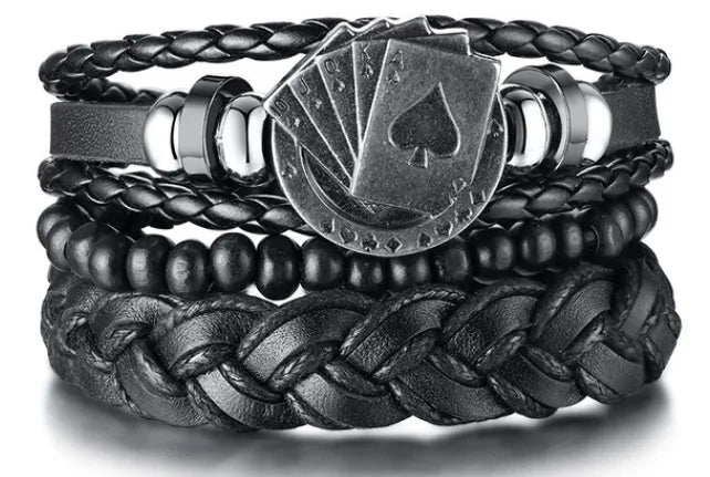 4Pcs Men’s Braided Leather Bracelet Set – Vintage Tribal Wristbands with Tree of Life, Rudder & Beads