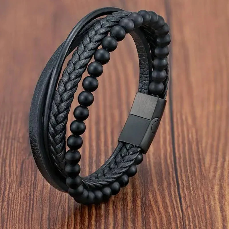 Men’s Braided Leather Rope Bracelet – Stainless Steel Magnetic Clasp Unisex Bangle