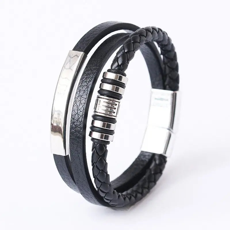 Trendy Men’s Leather Bracelet – Multilayer Braided Rope with Stainless Steel