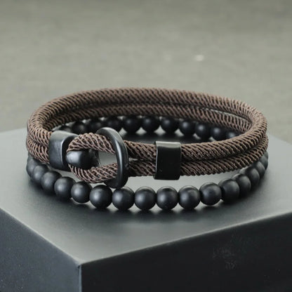 Noter 2Pcs Men’s Bracelet Set – Double Layer Rope & 6mm Black Onyx Bead Bracelet