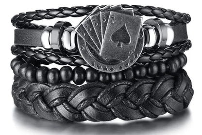 4Pcs Men’s Braided Leather Bracelet Set – Vintage Tribal Wristbands with Tree of Life, Rudder & Beads