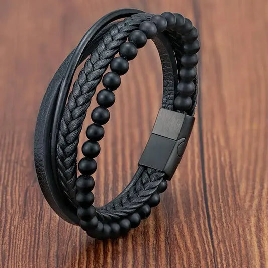 Men’s Braided Leather Rope Bracelet – Stainless Steel Magnetic Clasp Unisex Bangle