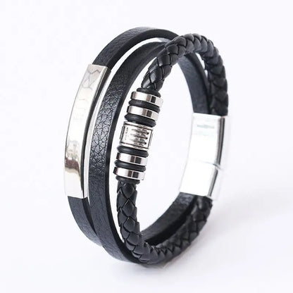 Trendy Men’s Leather Bracelet – Multilayer Braided Rope with Stainless Steel