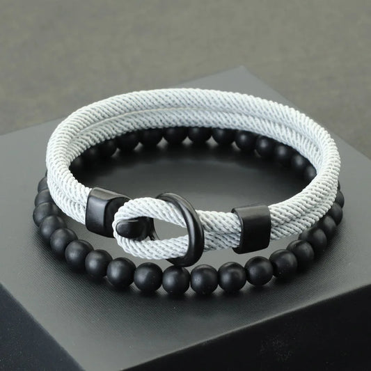 Noter 2Pcs Men’s Bracelet Set – Double Layer Rope & 6mm Black Onyx Bead Bracelet