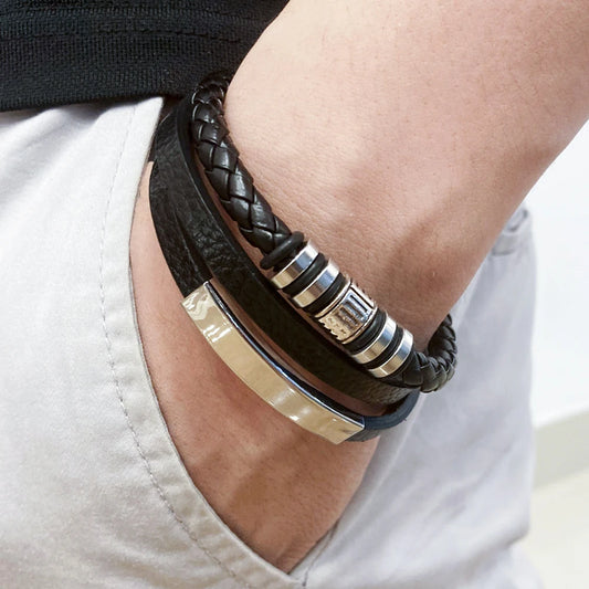 Trendy Men’s Leather Bracelet – Multilayer Braided Rope with Stainless Steel